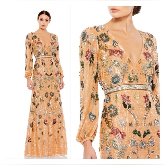 MAC DUGGAL 93546 NWT Embellished Wrap Over Bishop Sleeve Gown - Picture 1 of 11